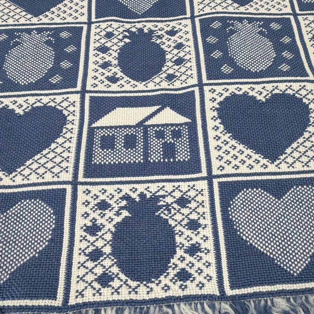 Vintage Blue White Woven Fringed Placemats Set of 2 Pineapple Heart House Mats - Picture 3 of 7